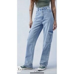 PacSun Women Light Blue‎ KARA High Rise Cargo 90's Boyfriend Jeans Waist 23 NWT
